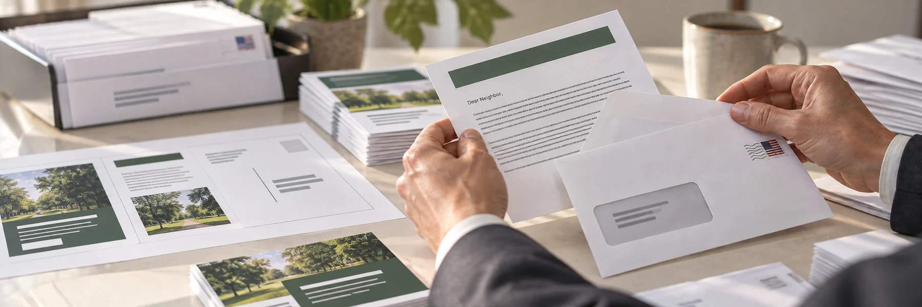 Hands reviewing an ordinary direct mail letter, window envelope and printed proofs.