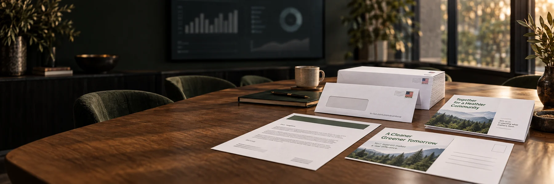 Standard envelopes, letters and postcards on a strategy meeting table.