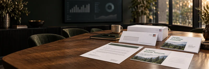 Envelopes, letters and postcards prepared for a direct mail strategy discussion